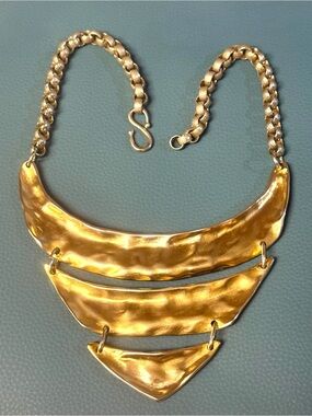 Carol Dauplaise 80s Crumpled Gold Etruscan-Style 3-Tiered Bib Statement Necklace